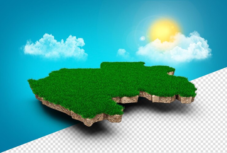 PSD gabon map realistic 3d map of gabon clouds tree sun rays on bright blue sky 3d illustration