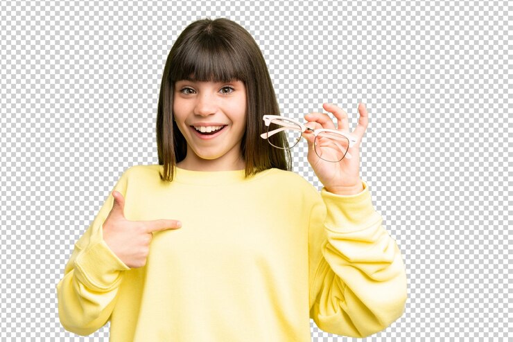 PSD gadis kecil berkacamata di atas latar belakang chroma key terisolasi dengan ekspresi wajah terkejut