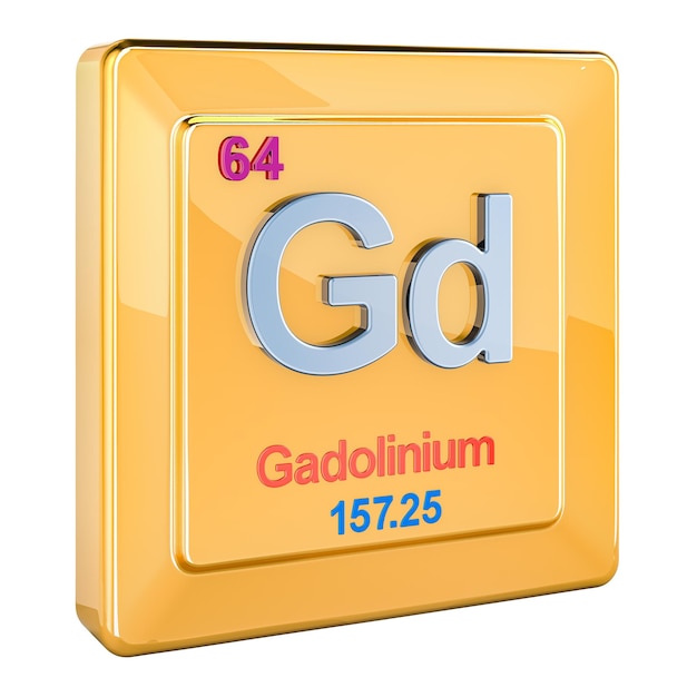 Gadolinium Gd chemisches Elementzeichen mit der Nummer 64 im Periodensystem 3D-Rendering isoliert auf durchsichtigem Hintergrund