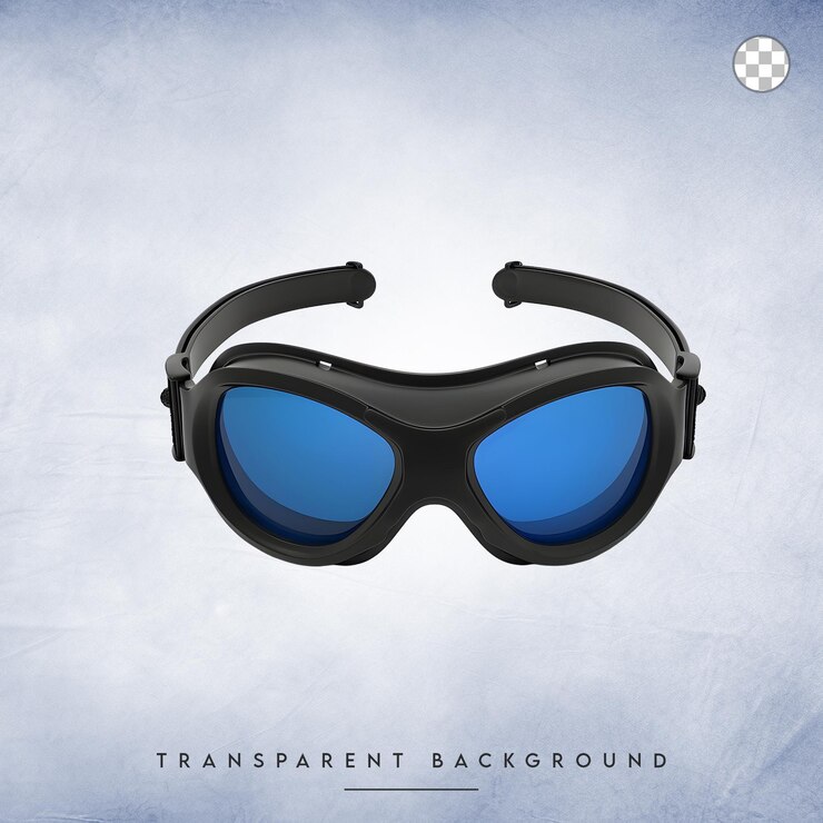 PSD gafas de protección negras con lentes azules aisladas sobre un fondo transparente