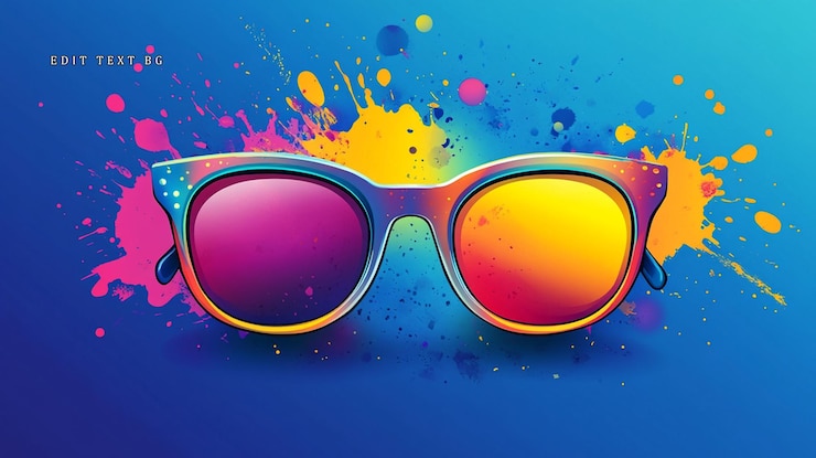PSD gafas de sol de colores en un fondo de salpicaduras de pintura vibrante