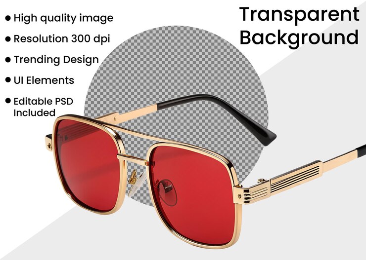 PSD gafas de sol con lentes rojas sobre un fondo transparente