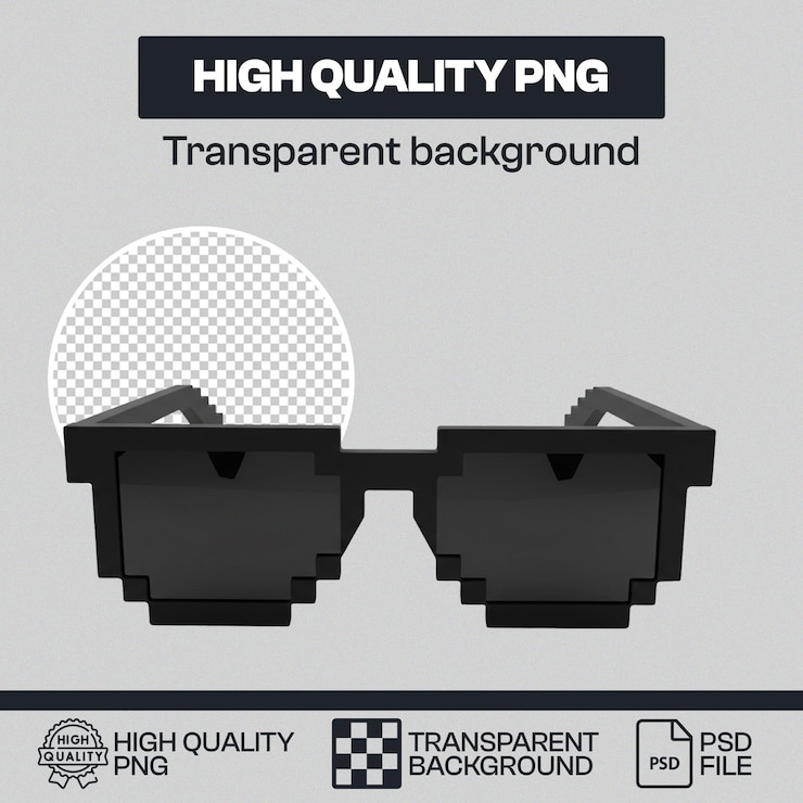 PSD gafas de sol negras pixeladas con fondo transparente