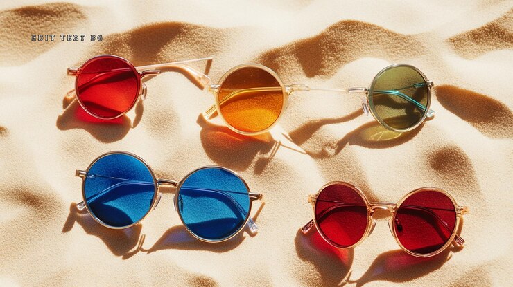 PSD gafas de sol redondas y coloridas en la playa de arena