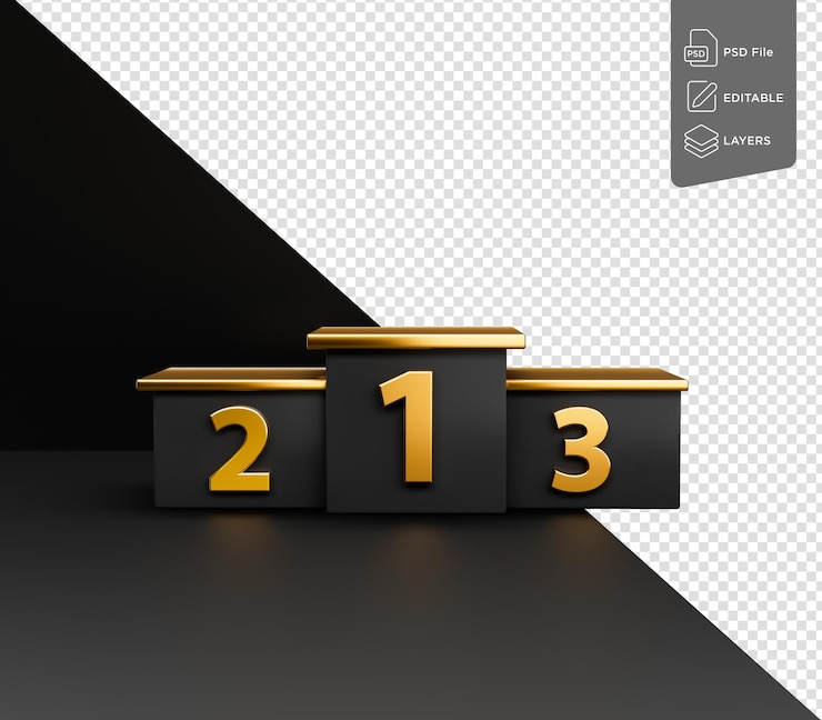 PSD gagnants, podium, 1, 2, 3, or, podium, sombre, résumé, regarder, fond, vide, espace, plate-forme, 3d, illustration