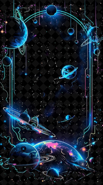 Galactic voyage arcane frame mit raumschiffen und distant pla neon color frame y2k art collection