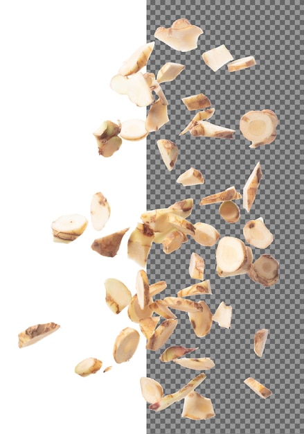 Galangal volar en el aire especias de verduras frescas galangal caer orgánico hierbas frescas galanga cabeza de raíz cortar cortar rodaja de cerca textura fondo blanco aislado congelar movimiento obturador de alta velocidad