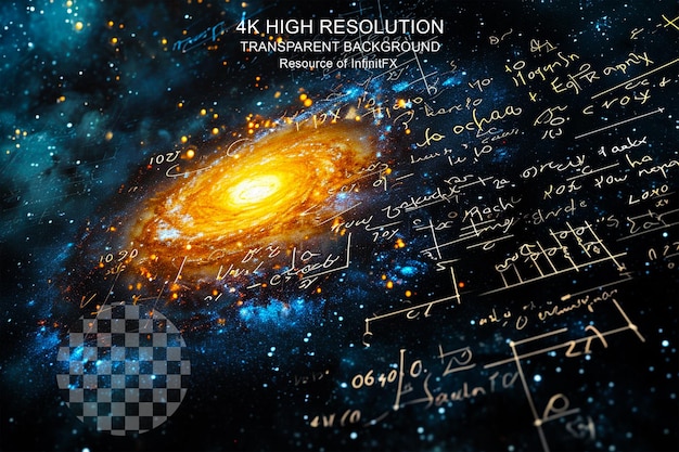 PSD galáxia de fórmulas matemáticas e físicas texturizada em fundo transparente