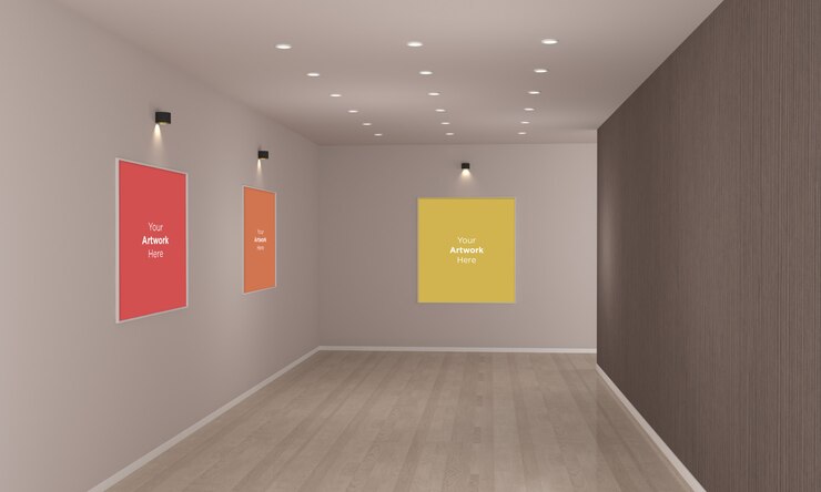 PSD galeria de arte frames muckup com spot lights ilustração 3d e renderização 3d