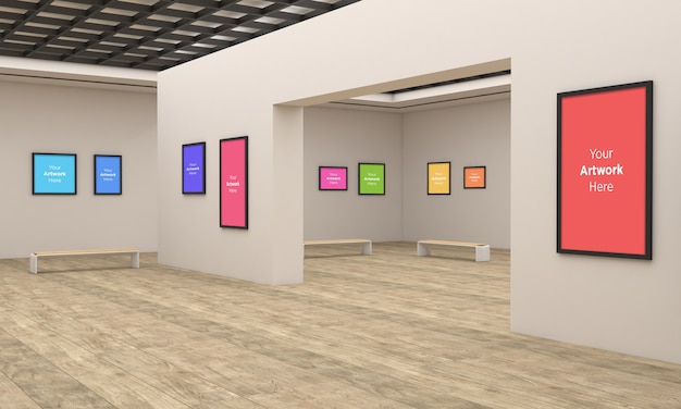 Galeria de arte frames muckup ilustração 3d multi direções e renderização 3d