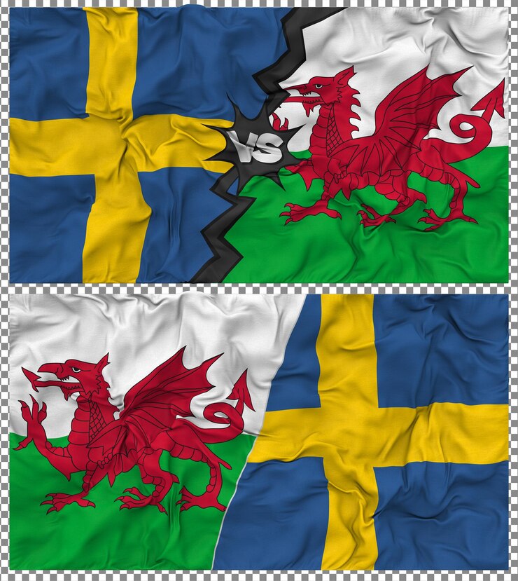 PSD gales contra suecia media bandera combinada con textura 3d de la tela