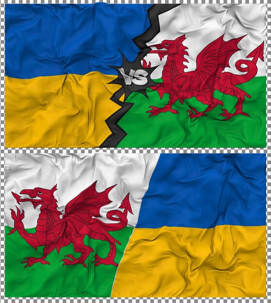 Gales contra Ucrania Media bandera combinada con textura 3D de la tela