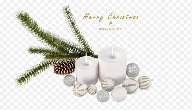 Galhos de pinheiro e bolas de natal em renderização 3d