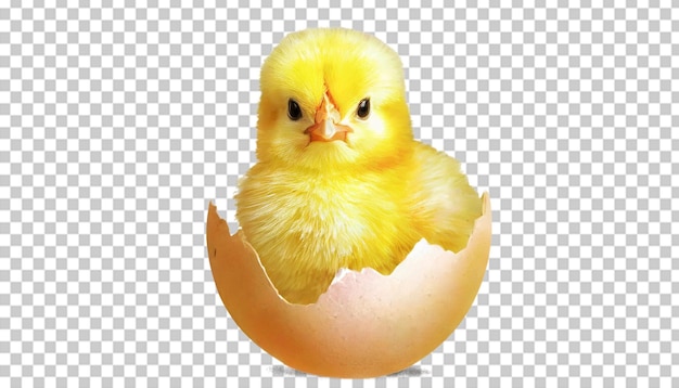 PSD galinha amarela bonita chocada a partir de um conceito de ovo de páscoa em fundo transparente.