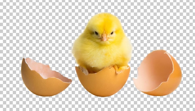 PSD galinha amarela bonita chocada de uma casca de ovo conceito de páscoa em fundo transparente