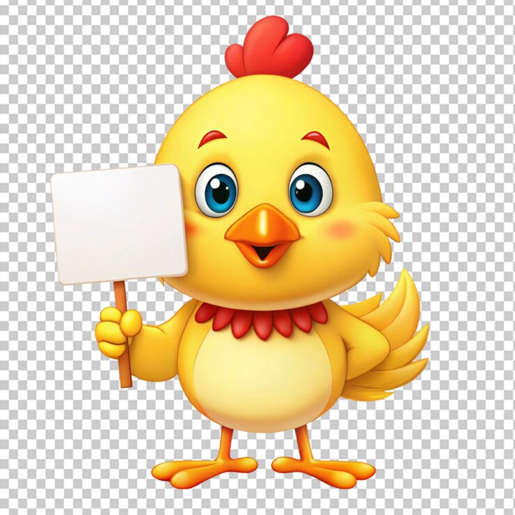PSD galinha de desenho animado bonita segurando um sinal em branco em fundo transparente