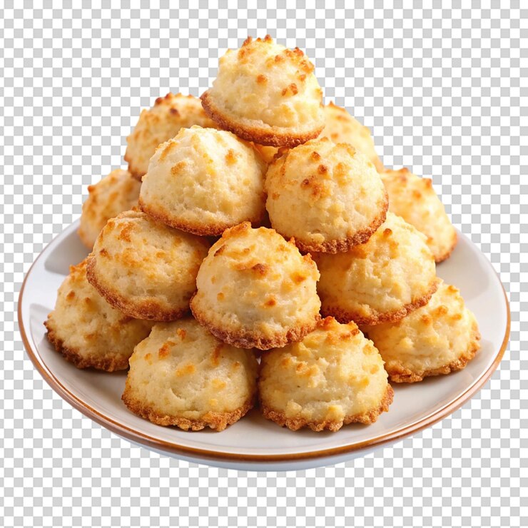 PSD galletas de macarrón de coco en plato blanco con fondo blanco aislado