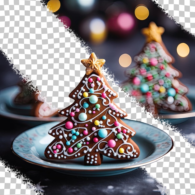 PSD las galletas de pan de jengibre smarties se hacen para navidad en una mesa negra junto con galletas en forma de árbol de navidad adornadas con dulces coloridos de fondo transparente