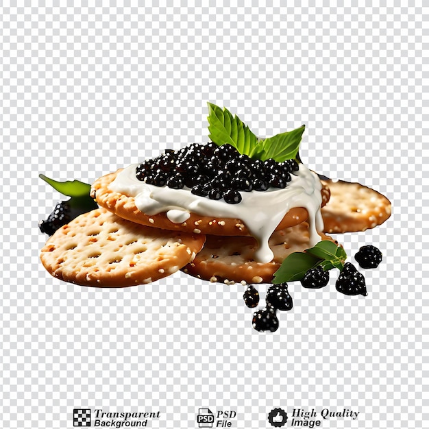 Galletas con queso con crema y caviar negro de cerca aisladas sobre un fondo transparente