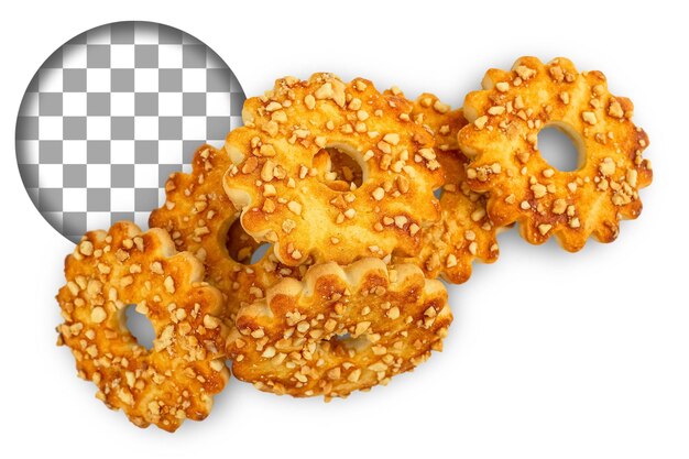 Galletas redondas con nueces aisladas sobre un fondo transparente