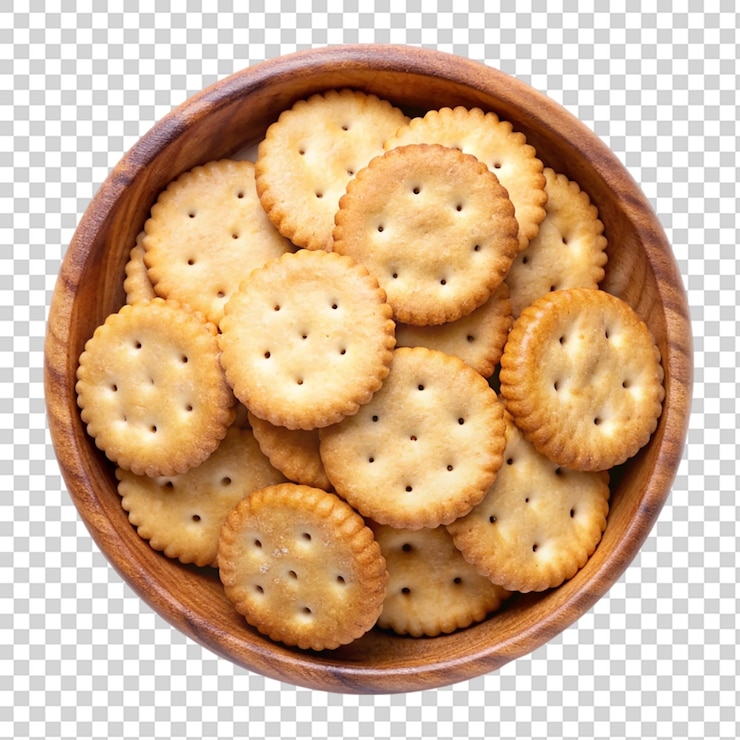 PSD galletas saladas redondeadas en cuenco de madera vista superior aisladas sobre un fondo transparente