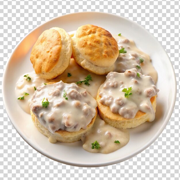 PSD galletas y salsa de salchicha cremosa en un plato blanco aislado sobre un fondo transparente