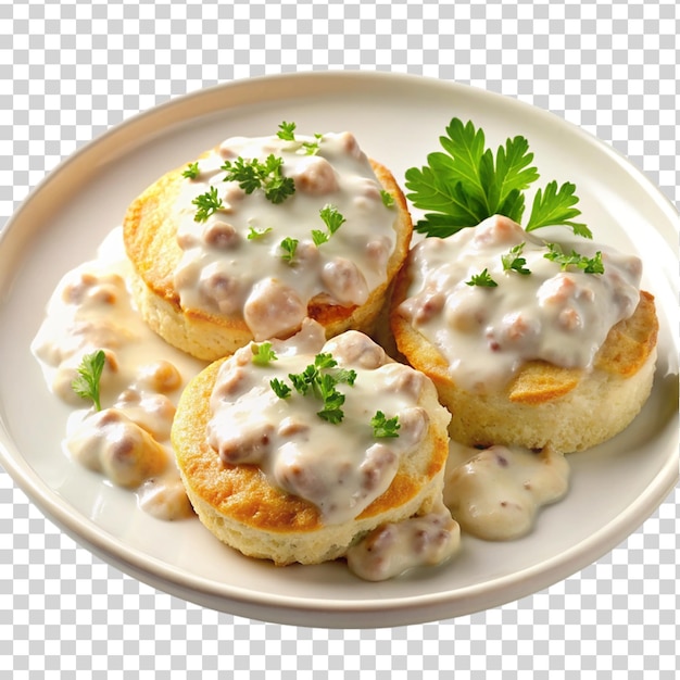 PSD galletas y salsa de salchicha cremosa en un plato blanco aislado sobre un fondo transparente