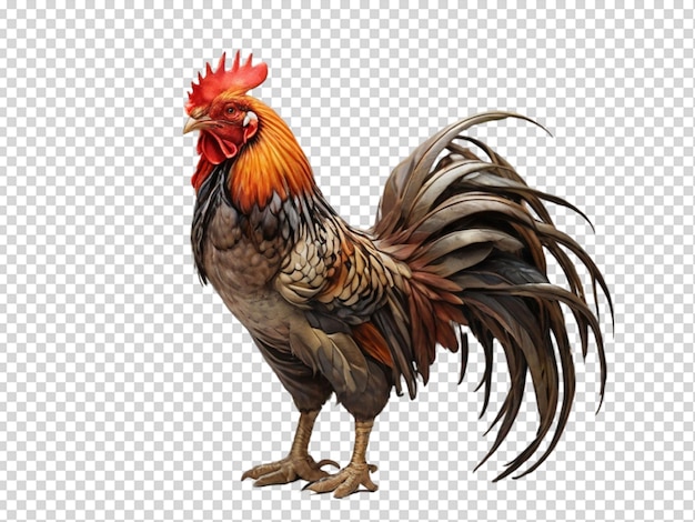 Un gallo con una cola negra y plumas rojas está de pie en png