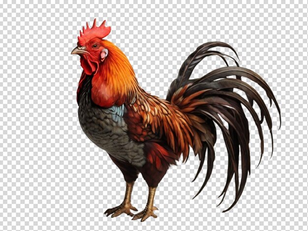 Un gallo con una cola negra y plumas rojas está de pie en png