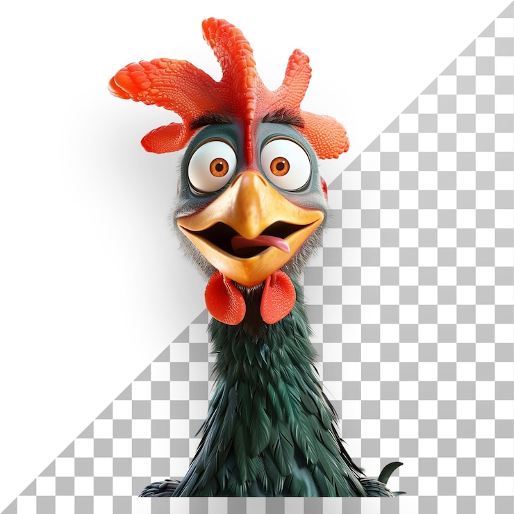 PSD gallo con expresión sorprendida y peine rojo fondo transparente