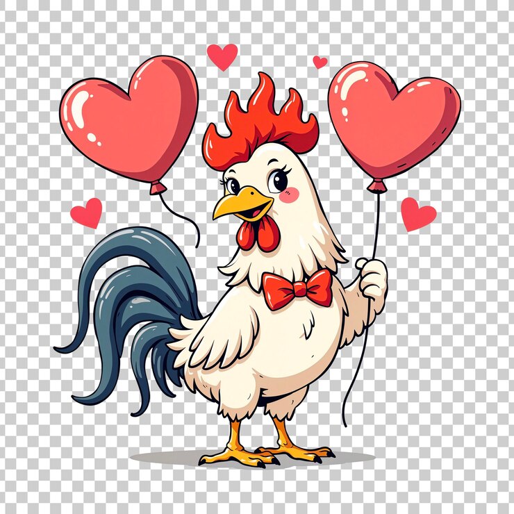 PSD gallo con globos de corazón en un fondo transparente