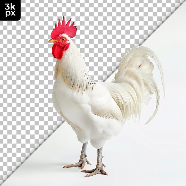 PSD un gallo con un pico rojo está de pie frente a un fondo blanco y negro