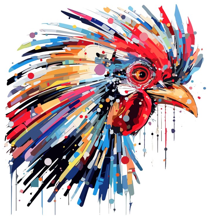 PSD el gallo, el pollo, el mundo animal, el campo, la granja, la tierra, la pintura vectorial abstracta.