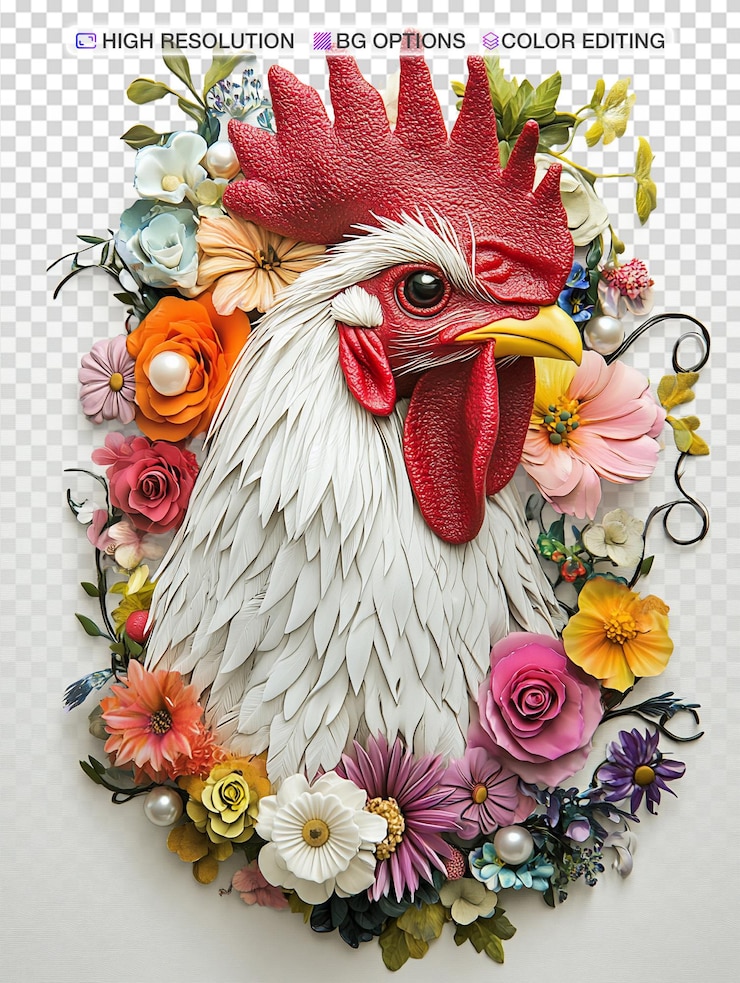 PSD un gallo vibrante en 3d rodeado de flores de colores y acentos de piedras preciosas