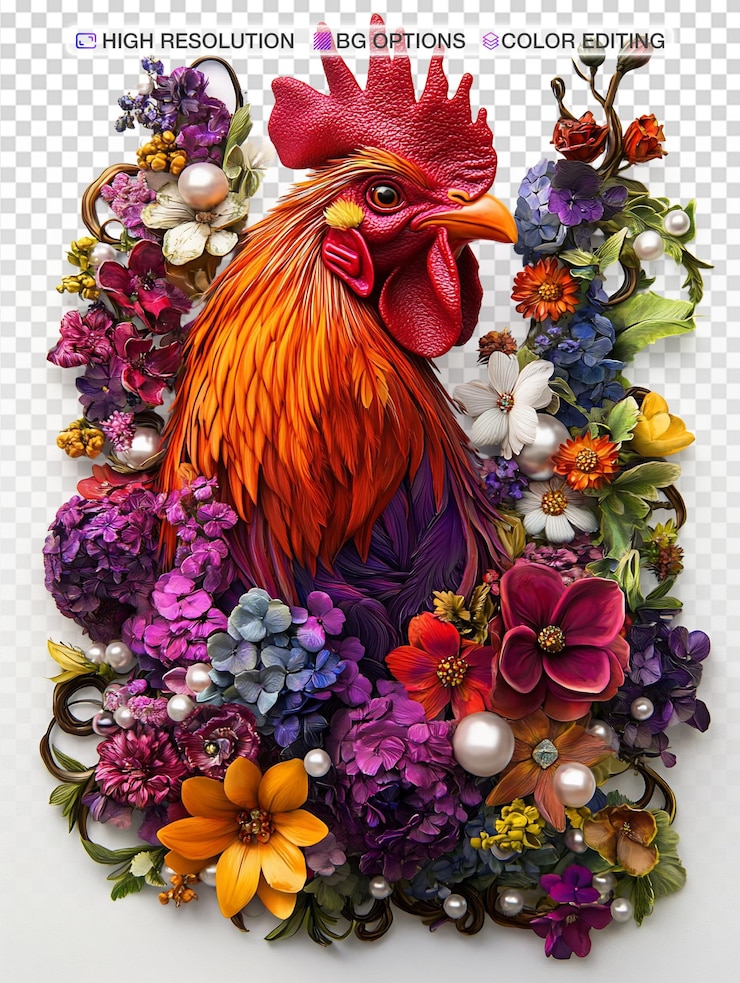 PSD un gallo vibrante en 3d rodeado de flores de colores y acentos de piedras preciosas