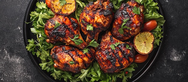 Gambe di pollo alla griglia con limone e prezzemolo su un piatto nero