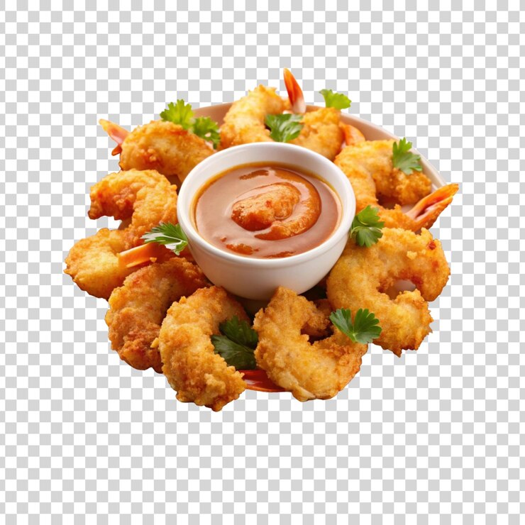 PSD gamberetti fritti con un piatto bianco di gamberetti