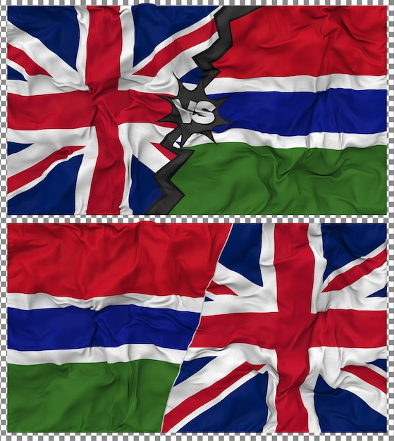 Gambia contra el Reino Unido Media bandera combinada Tejido Bump Textura Renderizado en 3D