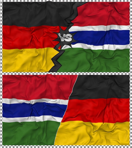 Gambia contro Germania Mezz'Unione di bandiere tessuto Bump Texture Rendering 3D