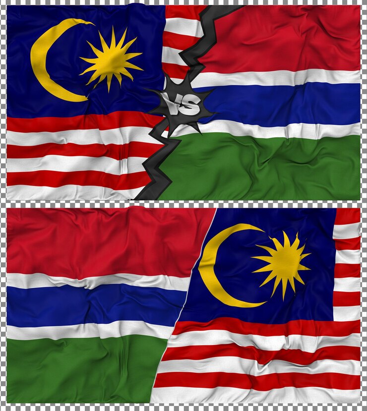 PSD gambia vs malaysia half combined flag cloth bump texture 3d rendering