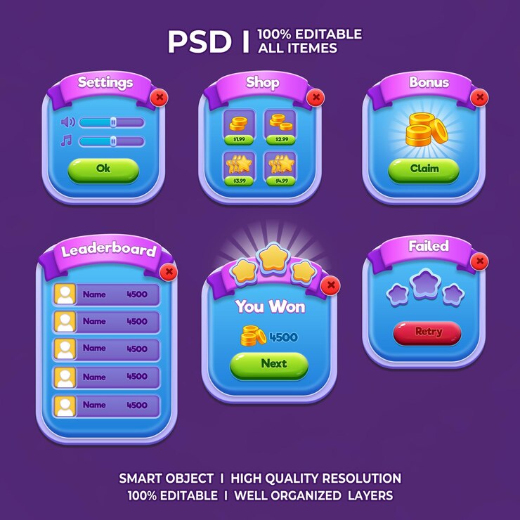 PSD game kit 2d game ui interface de usuário jogo casual ui kit ui arte jogo de desenho animado ui ui cool