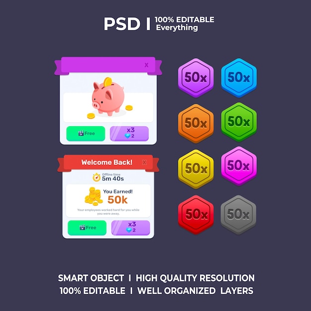 Game UI elements PSD Kit Game art game ui set Casual game ui Game UI Set game assets Game ui