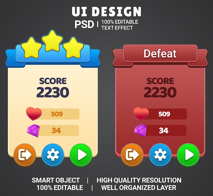 PSD game ui psd game ui art game ui win and lose 2d ui cartoon ui game art cartoon style ui