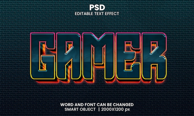 Gamer 3d editável efeito de texto premium psd com fundo