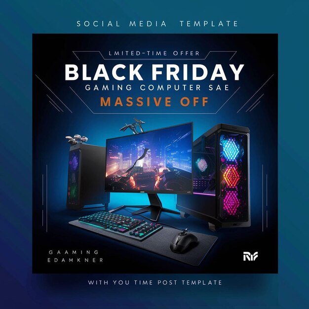 PSD gaming computer black friday super sale social media post design template (template de design de postagem de mídia social)