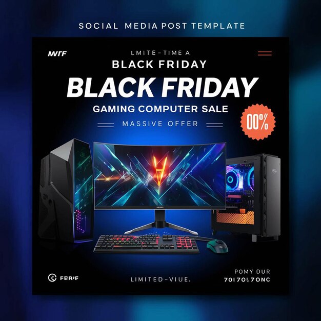 PSD gaming computer black friday super sale social media post design template (template de design de postagem de mídia social)