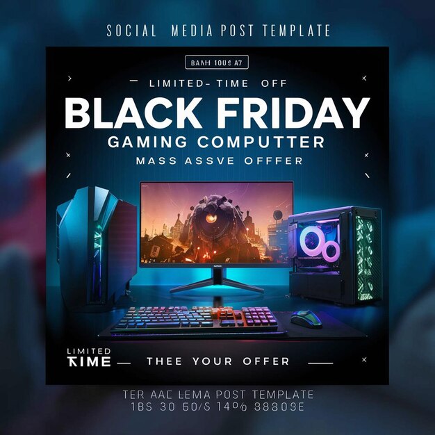 PSD gaming computer black friday super sale social media post design template (template de design de postagem de mídia social)