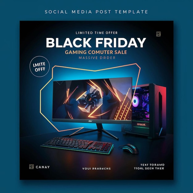 PSD gaming computer black friday super sale social media post design template (template de design de postagem de mídia social)