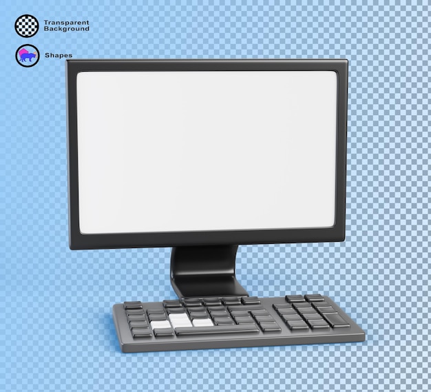 Gaming-Computer-Cartoon 3D-Rendering-Symbol realistischer schwarzer Desktop-PC mit weißem Monitorbildschirm und Gamer-Tastatur für das Spielen von Videospielen oder Streaming-Geräten, isoliert auf blauem Hintergrund