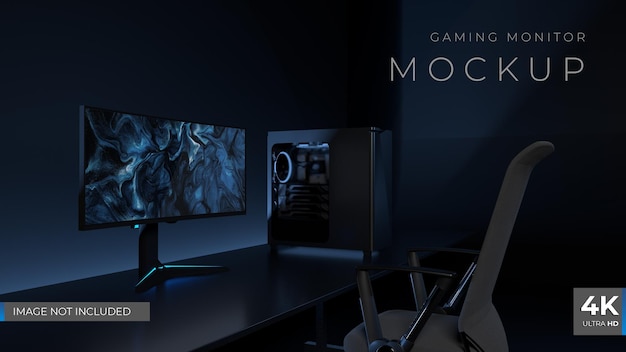 gaming monitor with cpu and dark background mockup 3d rende